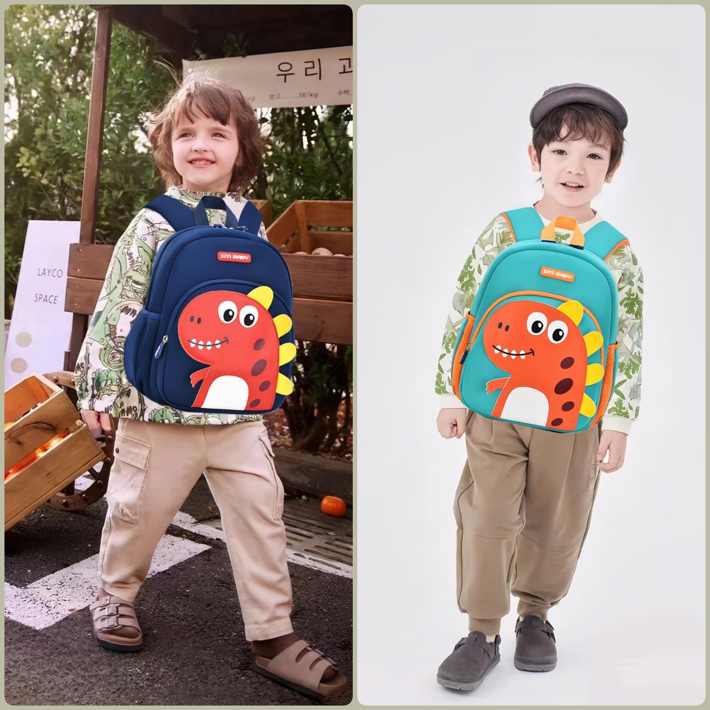 Dinosaur Anti-lost Backpack for Boys Kindergarten Preschool Bookbag with Chest Strap, Toddler Boys Backpack Daycare Bag, B-Green+Orange