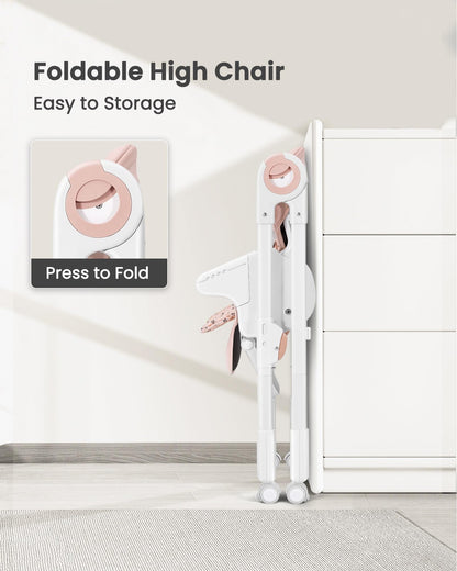 Convertible High Chairs for Babies and Toddlers, Foldable High Chair with Adjustable Backrest, Footrest and Tray, Baby Dinning High Chair with Lockable Wheels, Star Pink