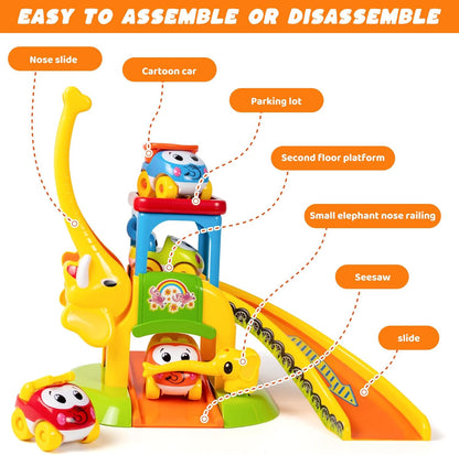 Marstone Toddler Toys for 1 2 Year Old Boys and Girls Gifts, Educational Elephant Slide with 4 Animal Cars Toys for Baby 12-18 Months, First Birthday Present Learning Push Truck Track Ages 1-2