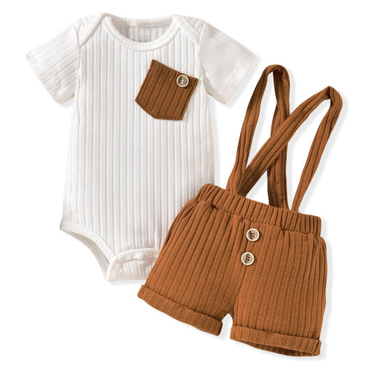 Unutiylo Baby Boy Outfits 0-12 Months Short Sleeve Romper Suspenders Pants Spring Summer clothes