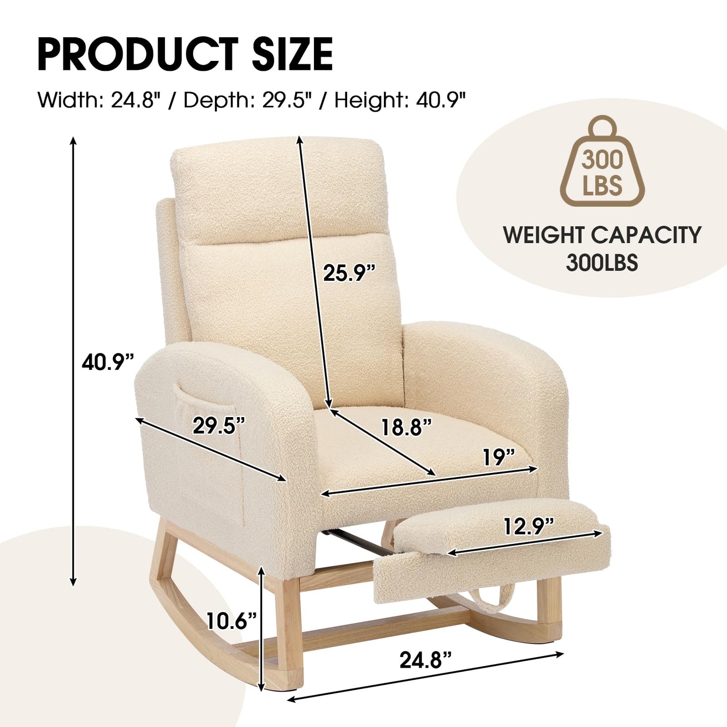 NIOIIKIT Modern Nursery Rocking Chair, Teddy Upholstered Rocking Chair with Footrest, Comfortable Glider Rocker with Side Pocket for Living Room, Bedroom, Nursing Room (Beige)
