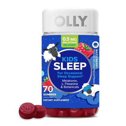 OLLY Kids Sleep Gummy, 0.5mg Melatonin, L Theanine, Chamomile, and Lemon Balm, Childrens Chewable Supplement, Raspberry - 50 Count