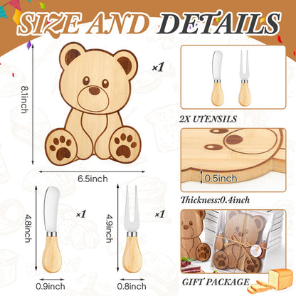 1 Set Baby Shower Party Favors Bear Shaped Cheese Board Set, Include Small Wood Cutting Charcuterie Boards with Knives and Forks Gift Box for Wedding Bridal Shower Birthday (Acacia Color)