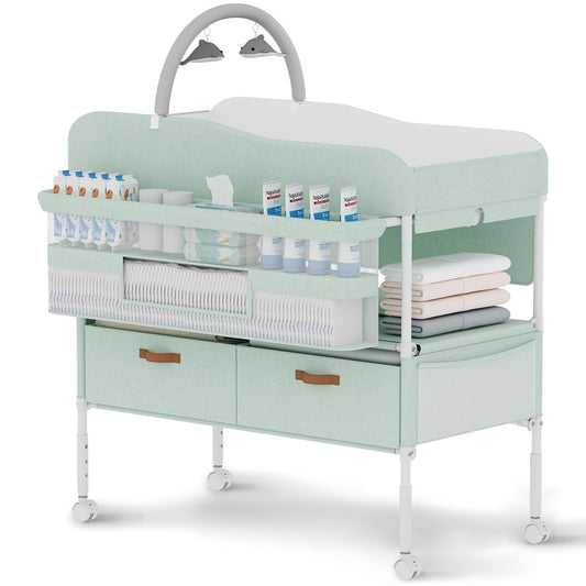 Diaper Changing Station, Portable Changing Table for Baby, Diaper Changing Table with Storage Drawers, Waterproof Baby Changing Station with Wheels and Adjustable Height for Newborn Infant (Pink)