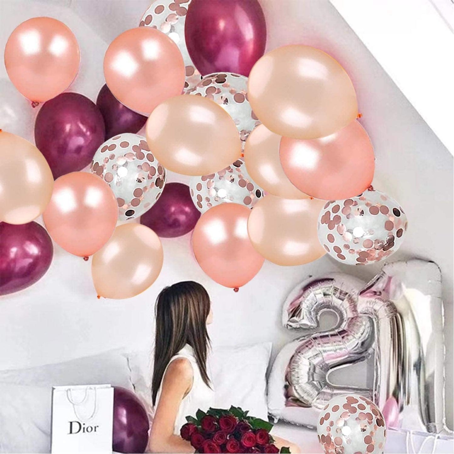OuMuaMua 62Pcs Pink Gold Confetti Latex Balloons Kit, 12 Inch Pink White Gold Helium Balloons Party Supplies for Confession Proposal Wedding Girl Birthday Baby Shower Party Decoration