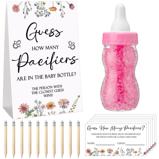 Roowest 512 Pcs Baby Shower Games Guess How Many Pacifiers Sign 100 Small Guessing Games 10 HB Pencils 750ml Milk Bottle 400 Acrylic Pacifiers Decoration for Guest Gender Reveal(Pink,Bear)