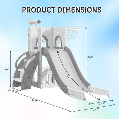 6 in 1 Toddler Slide for Toddler Age 1-3,Kids Climber Slider for Indoor Outdoor Playground with Basketball Hoop,Storage and Telescope,L Shaped Slide for Toddler Climber Playset