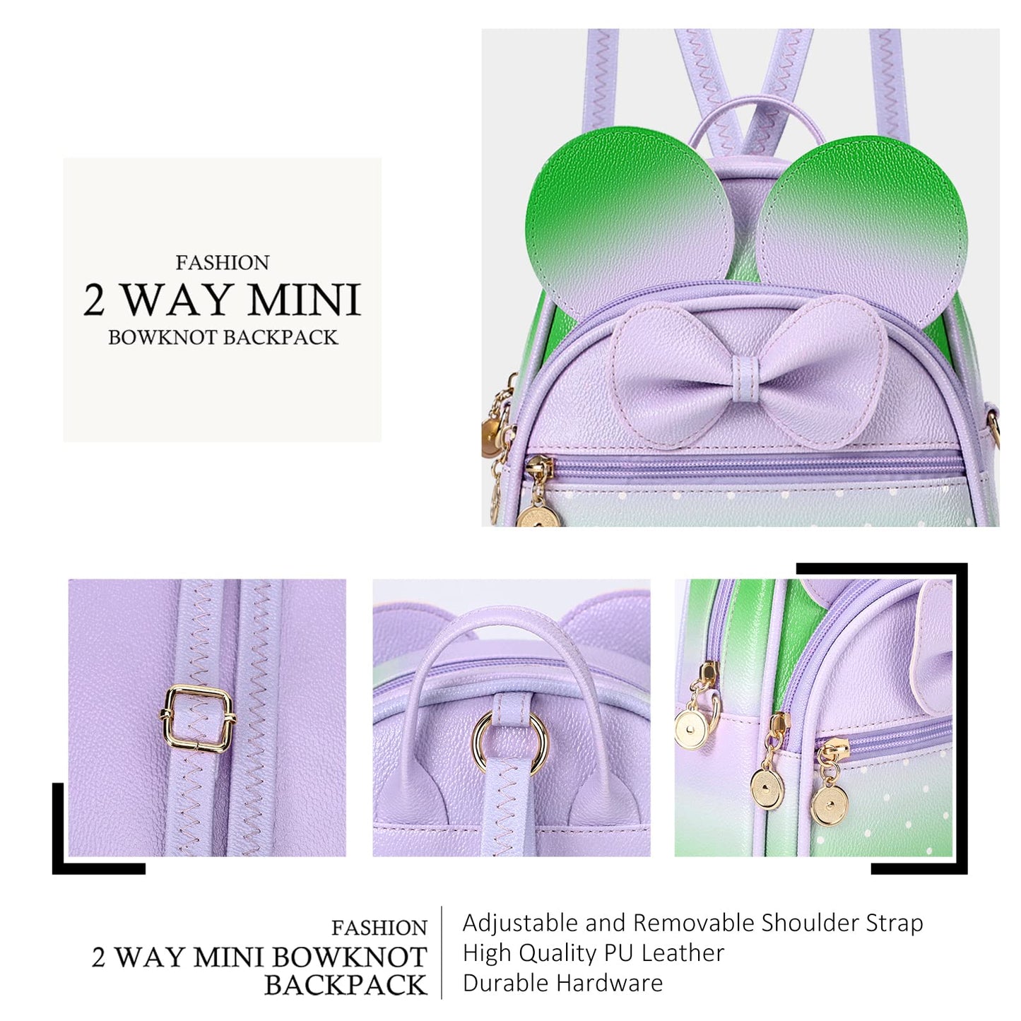 KL928 Girls Bowknot Polka Dot Cute Mini Backpack Small Daypacks Convertible Shoulder Bag Purse for Women