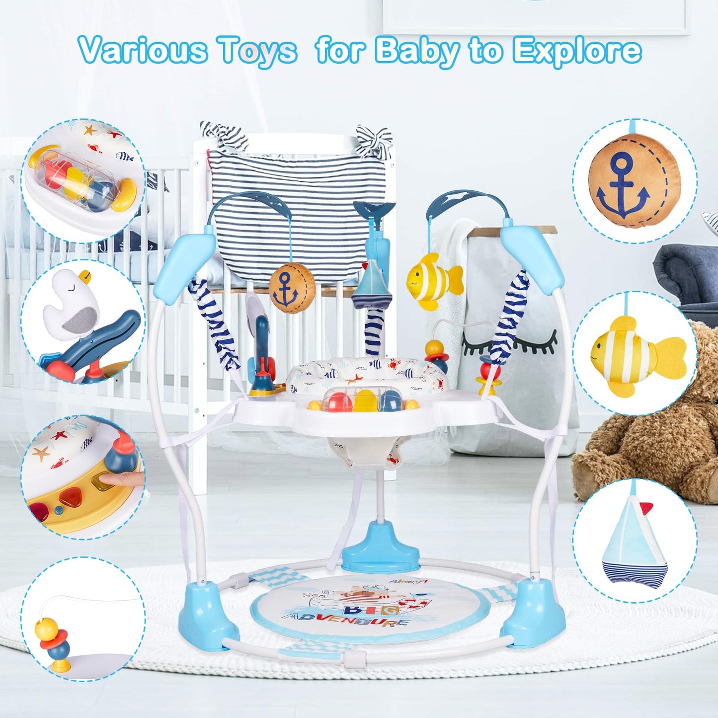 Baby Activity Center, Infant Jumpers and Bouncers with Music, Lights, Infant Toys, 360°Rotating Seat, 3 Adjustable Heights, Baby Play and Learning Center for 6+ Months