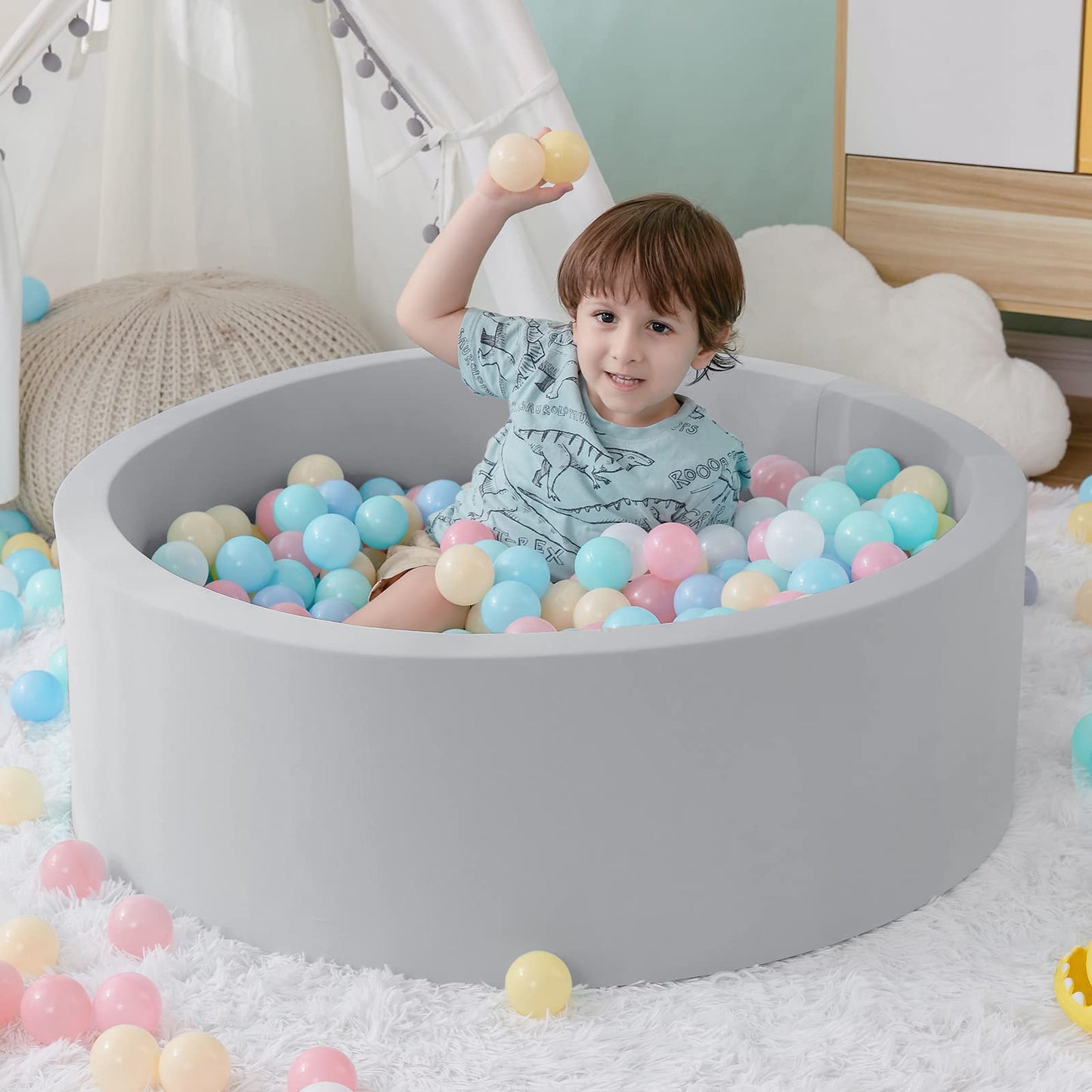 Foam Ball Pit, 47.2"x 13.8" Large Ball Pits for Toddlers, Soft Round Kiddie Baby Playpen Ball Pool for Kids, Ideal Gift for Babies Indoor and Outdoor Game, Grey, (Balls not Included)