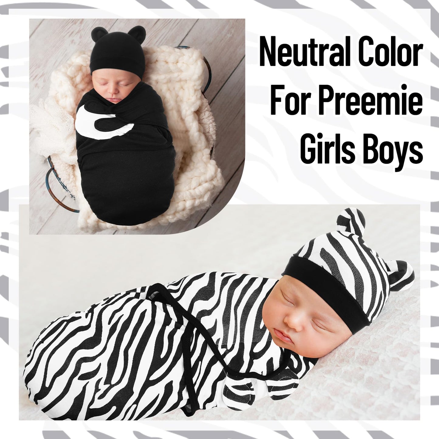 Buryeah 4 Pack Preemie Swaddle Blanket Wrap Set with Hat for Baby Boys Girls 3-7 Lbs Preemie Newborn Clothes Sleepers Cap
