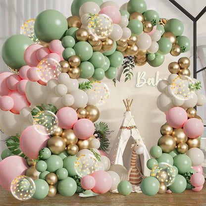 Sage Green Pink Balloon Arch Kit, Olive Green Light Pink Sand White Blush Metallic Gold Balloons with Gold Confetti Balloons for Girl Birthday Woodland Baby Shower Jungle Safari Decorations