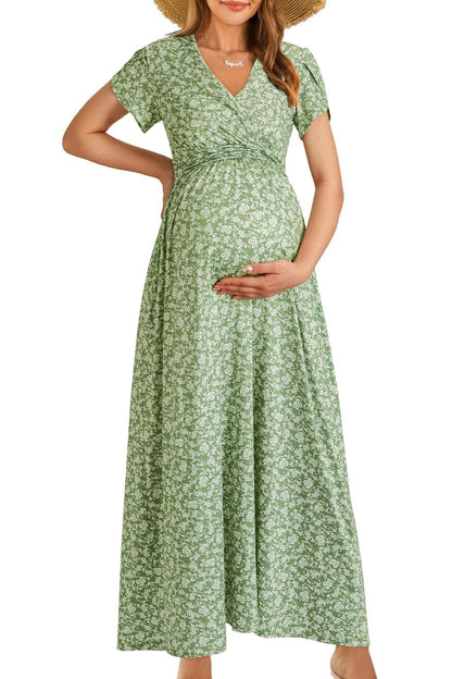 OUGES Maternity Maxi Dress Wrap V Neck Baby Shower Pregnancy Dresses for Photoshoot