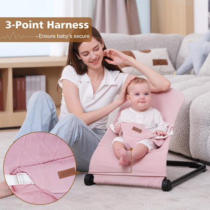 Baby Bouncer,Baby Bouncer Seat,Portable Infant Bouncer with 3-Point Safety Harness,Ergonomic Bouncy Seat, Newborns Bouncer for Babies 0-6 Months up to 20lbs,ASTM-Certified(Pink)