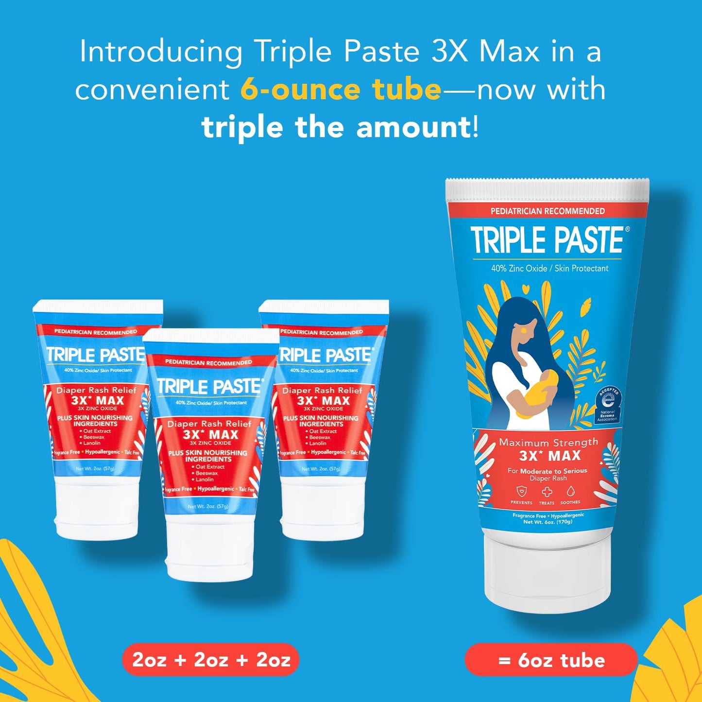 Triple Paste 3X Max Diaper Rash Ointment, Maximum Strength with 40% Zinc Oxide Ointment for Severe Diaper Rash, 2 oz Tube