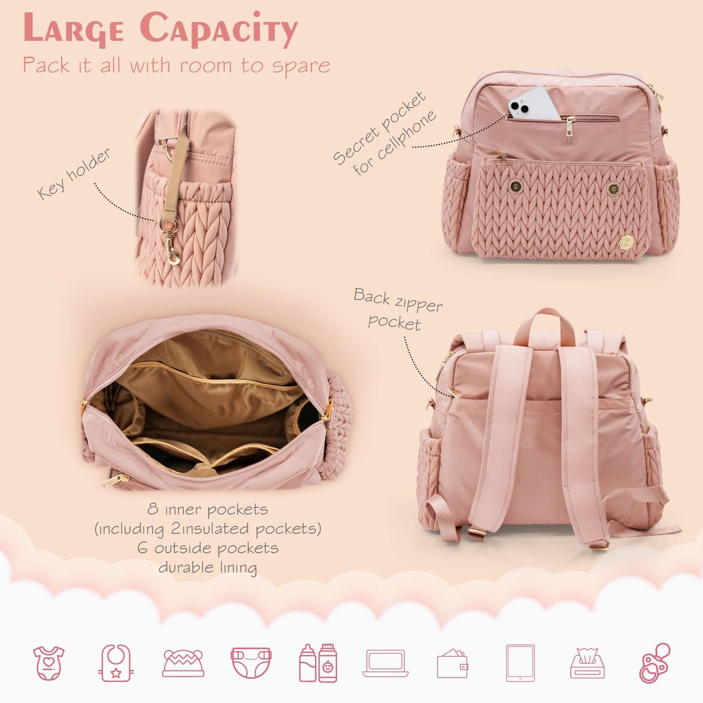Diaper Bag BackPack Large Capacity Travel Mommy Bag Waterproof and Stylish with Changing Pad Baby Bag for Women and Girls