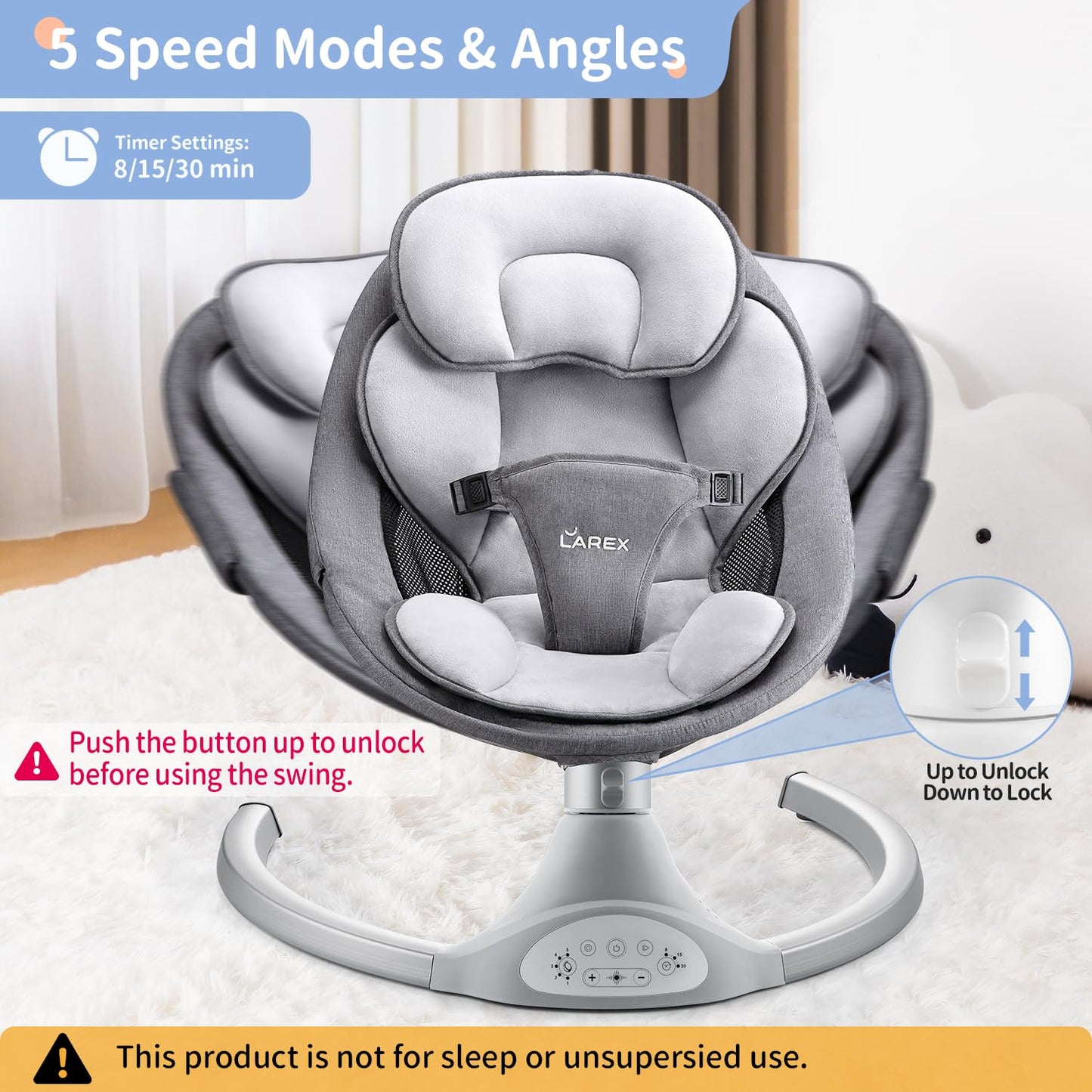 LAREX Baby Swing Infant Swing Electric Toddler Baby Rocker Portable for Newborn Boy Girl, 5 Sway Speeds with Remote Control, 10 Preset Melodies and Bluetooth, 0-6 Months Max 20 Lbs (Pink)