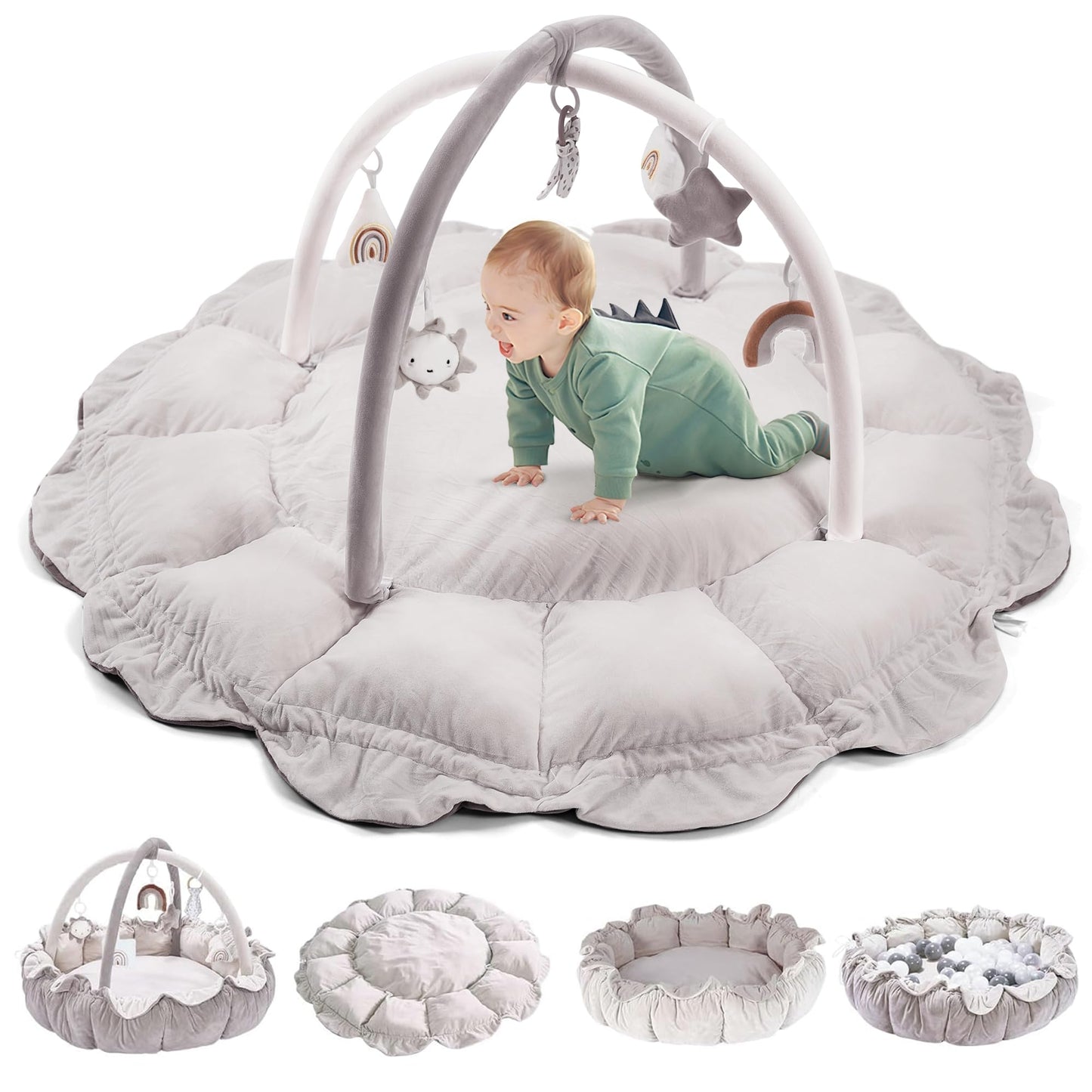 HAN-MM 5-in-1 Convertible Baby Play Gym with 6 Toys, Tummy Time Mat for Sensory Development, Baby Activity Center from Newborn to Toddler, Ball Pit, Cat & Dog Bed, Soft Plush Pet Bed, Pink
