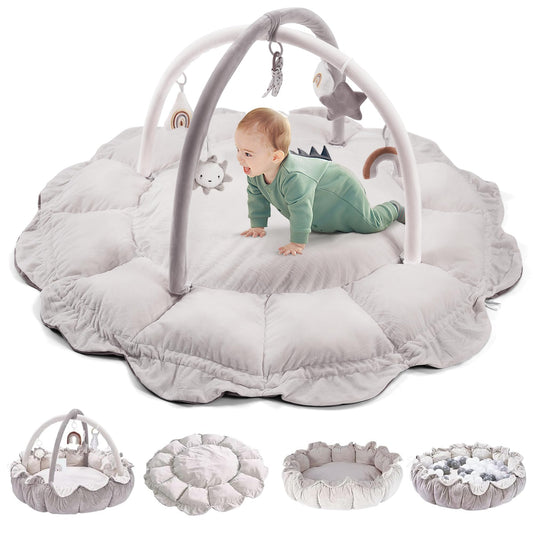 HAN-MM 5-in-1 Convertible Baby Play Gym with 6 Toys, Tummy Time Mat for Sensory Development, Baby Activity Center from Newborn to Toddler, Ball Pit, Cat & Dog Bed, Soft Plush Pet Bed, Pink