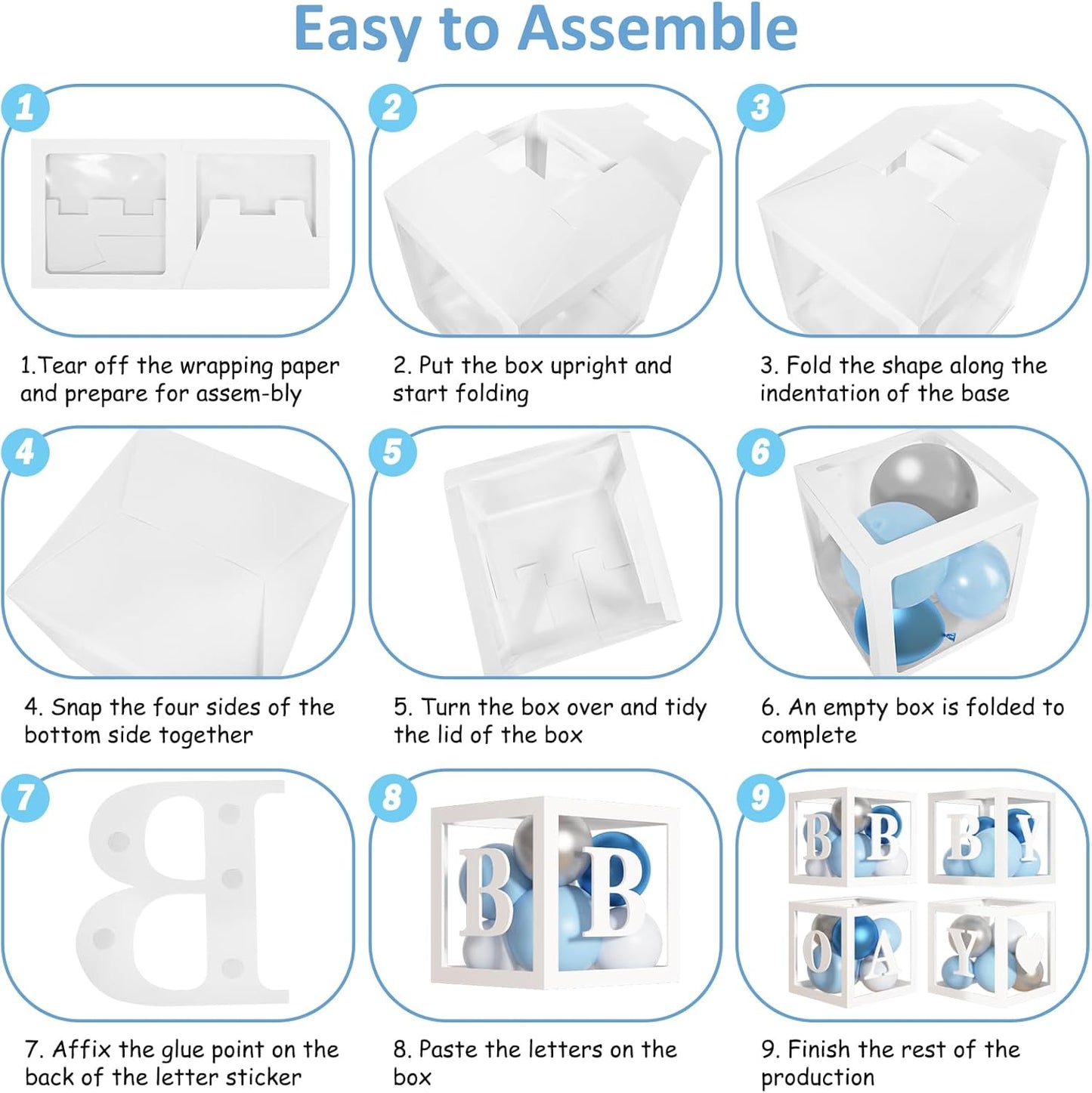 Amandir 137pcs Baby Blue Balloons Baby Shower Decorations for Boy with Baby Boxes, White Blue Balloon Arch Kit Baby Boxes with Letter (A-Z+Baby+Boy) for Boy 1st Birthday Gender Reveal Party Supplies