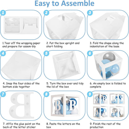 Amandir 137pcs Baby Blue Balloons Baby Shower Decorations for Boy with Baby Boxes, White Blue Balloon Arch Kit Baby Boxes with Letter (A-Z+Baby+Boy) for Boy 1st Birthday Gender Reveal Party Supplies