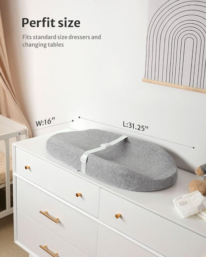 Blissful Diary Baby Changing Pad with Waterproof Lining Foam, Includes a Soft & Washable Cover, Contoured Changing Table Pads for Dresser Top with Non-Slip Bottom, 32”×16” (Grey, Avocado)