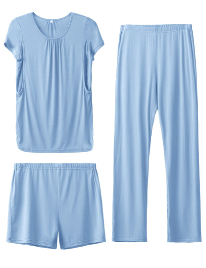 SUNNYBUY Womens Maternity Nursing Pajamas Set, Short Sleeve Breastfeeding Shirts，Pregnancy Shorts & Pants 3 Piece Nursing PJS