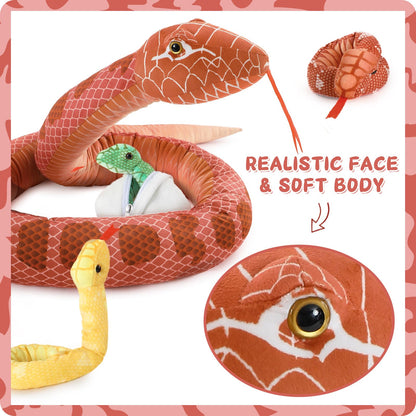 MorisMos Snake Stuffed Animals Plush Toy 120 Inch Giant Snake Plush with Babies Stuffed Snake Toys for Kids Plush Party Decorations Favors Prank Props, 4 Snake Babies, 3 Snake Eggs