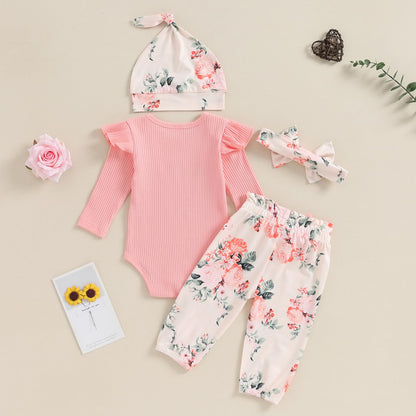 Hello World Newborn Outfit Baby Girl Going Home Outfit Ruffle Ribbed Romper Top Floral Pants Set Cute Summer Clothes