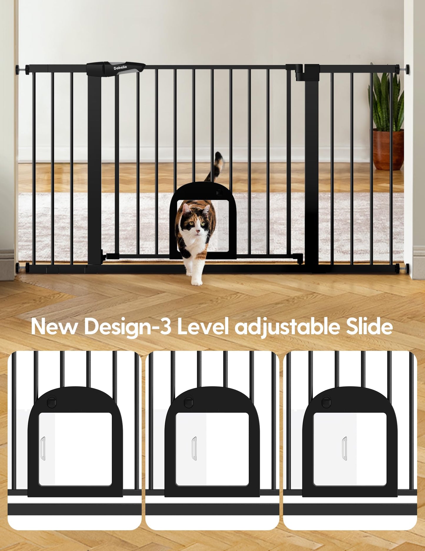 Babelio Upgraded Baby Gate with Cat Door, 29-43" Auto Close Durable Dog Gate for Stairs, Doorways and House, Easy Walk Thru Safety Gate with Pet Door Includes 4 Wall Cups, Black
