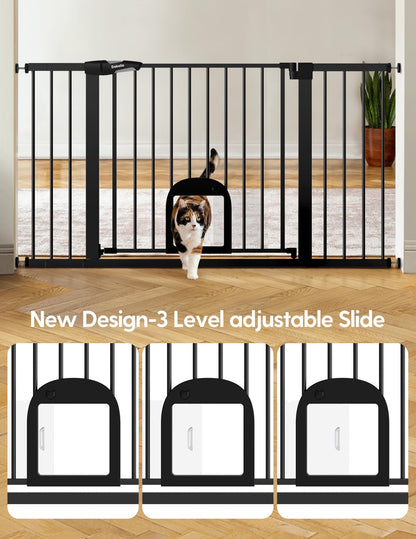 Babelio Upgraded Baby Gate with Cat Door, 29-43" Auto Close Durable Dog Gate for Stairs, Doorways and House, Easy Walk Thru Safety Gate with Pet Door Includes 4 Wall Cups, Black