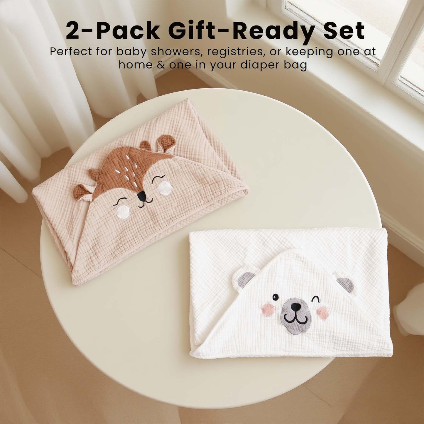 Konssy 2-Pack Muslin Baby Hooded Towels, Soft Cotton and Absorbent Baby Bath Towels for Newborn, Infant & Toddler with Animal Hooded Design (Bunny & Deer)