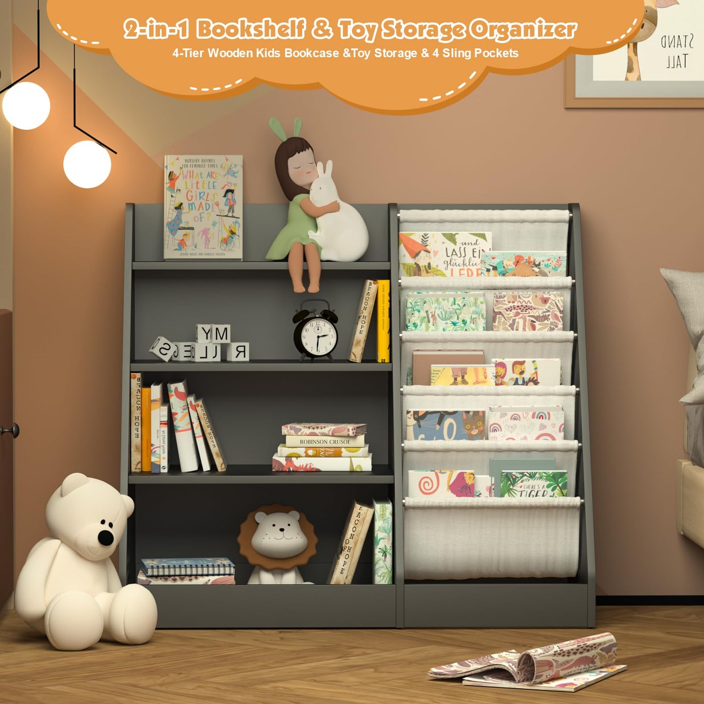 White Kids Bookshelf Wood Toy Storage Organizer Cabinet Children Bookcase Toddler Baby Sling Book Rack 3 Cube Bins Fabric Drawers for Playroom Bedroom Nursery School