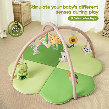 Baby Play Mat, Tummy Time Mat for Sensory Development, 4-Leaf Clover Baby Play Mat & Gym with 9 Detachable Toys, Portable & Easy to Clean, 0-9+ Months
