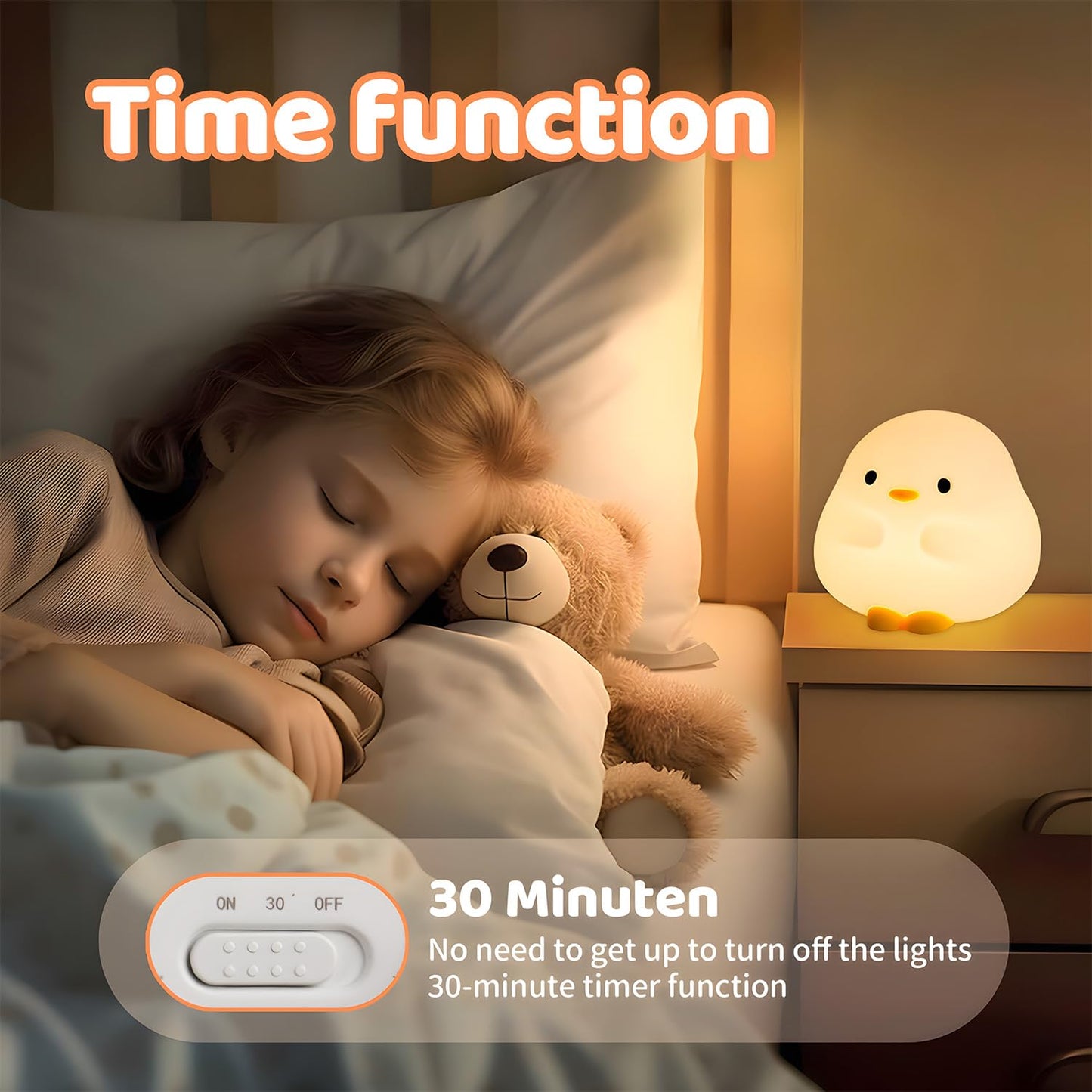DuDu Duck Night Light, Cute Duck Lamp, Squishy Silicone Nightlight for Bedrooms with 30 Minutes Timer, Rechargeable Bedside Lamp with Touch Control for Bedrooms, Living Room