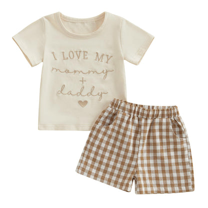 NZNDSHD Baby Boy Summer Clothes Daddys/Mamas Boy Matching Outfit Short Sleeve Embroidery T-shirt Plaid Toddler Shorts Set