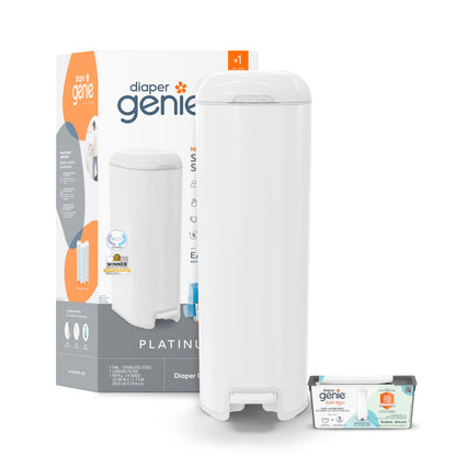 Diaper Genie Platinum Pail Gift Set, Lily White, Made of Durable Stainless Steel and Includes 2 Easy Roll Refills with 18 Bags and 30 Bags
