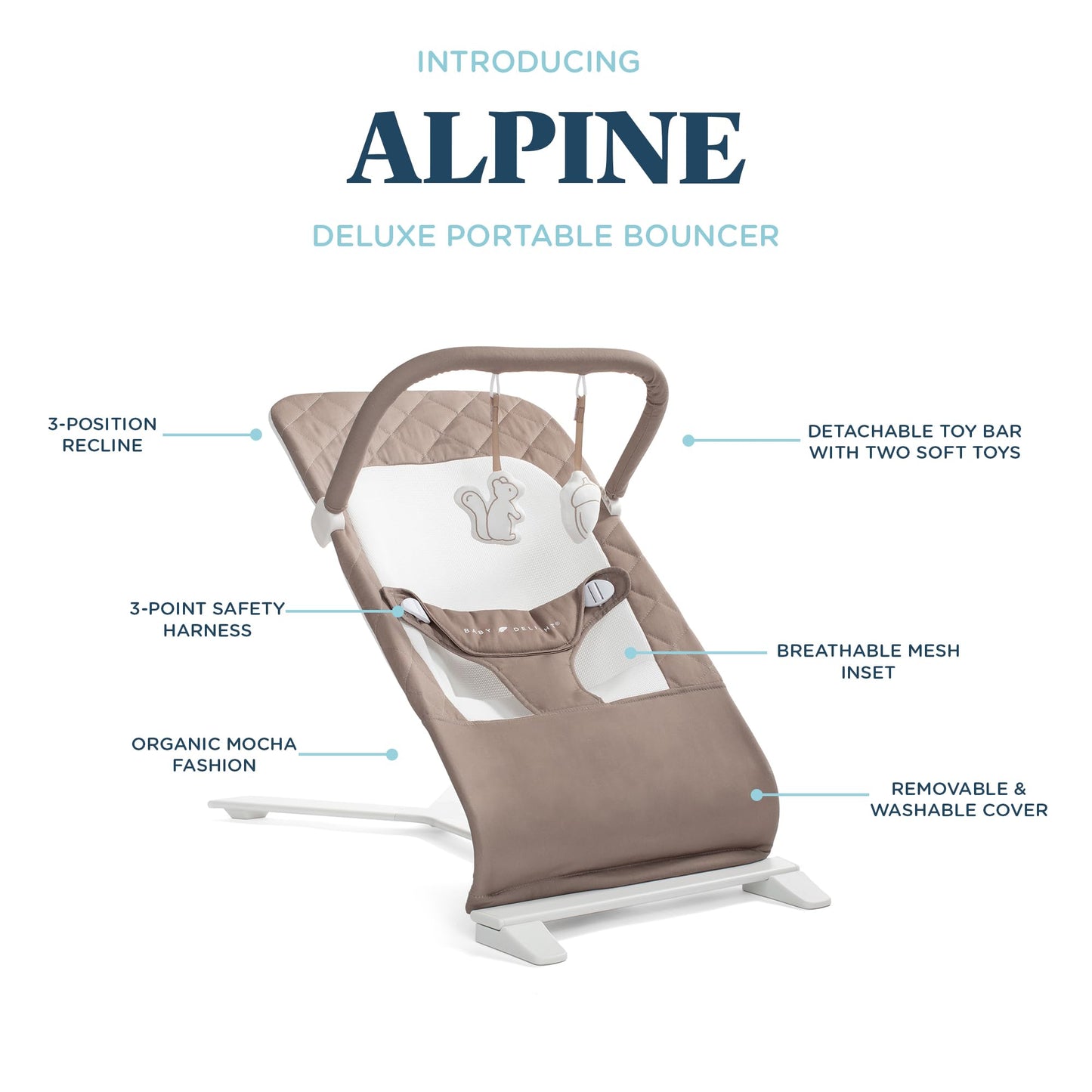 Baby Delight Alpine Deluxe Portable Bouncer, Infant, 0-6 Months, 100% GOTS Certified Cotton Fabrics, Organic Oat