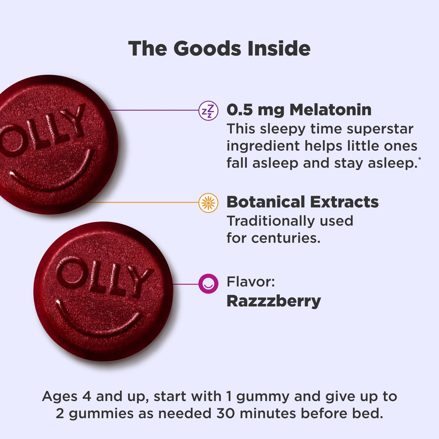 OLLY Kids Sleep Gummy, 0.5mg Melatonin, L Theanine, Chamomile, and Lemon Balm, Childrens Chewable Supplement, Raspberry - 50 Count