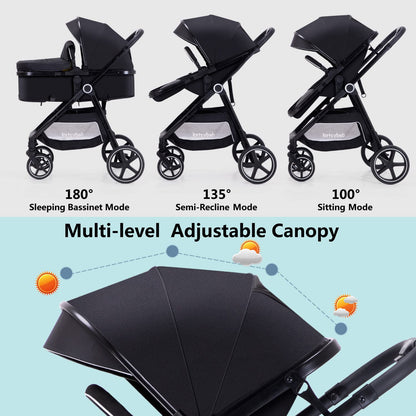 2-in-1 Baby Stroller with Bassinet Mode - Folding Infant Newborn Pram Stroller with Reversible Seat - Toddler Strollers for 0-36 Months Old Babies (Beige)