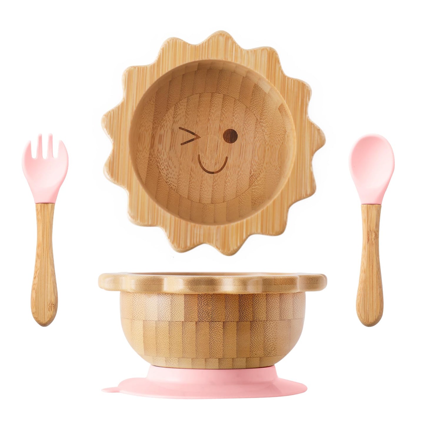 Bamboo Suction Plates Bowls Set for Baby Toddler Divided Platter Food bowl with Silicone Fork & Spoon All-Natural Baby Feeding Set for Baby-Led Weaning, Non-Slip Design