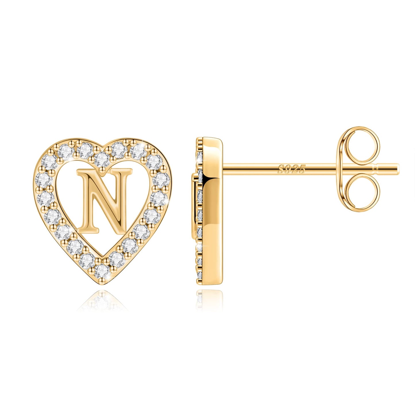 Anoup Heart Initial Stud Earrings - Gifts for Girls, Sterling Silver Post 14K Gold Plated All Over Hypoallergenic | CZ Simulated Diamond Stud Earrings | Birthday Gifts for Kids Toddlers Daughter