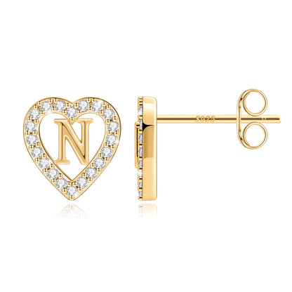 Anoup Heart Initial Stud Earrings - Gifts for Girls, Sterling Silver Post 14K Gold Plated All Over Hypoallergenic | CZ Simulated Diamond Stud Earrings | Birthday Gifts for Kids Toddlers Daughter
