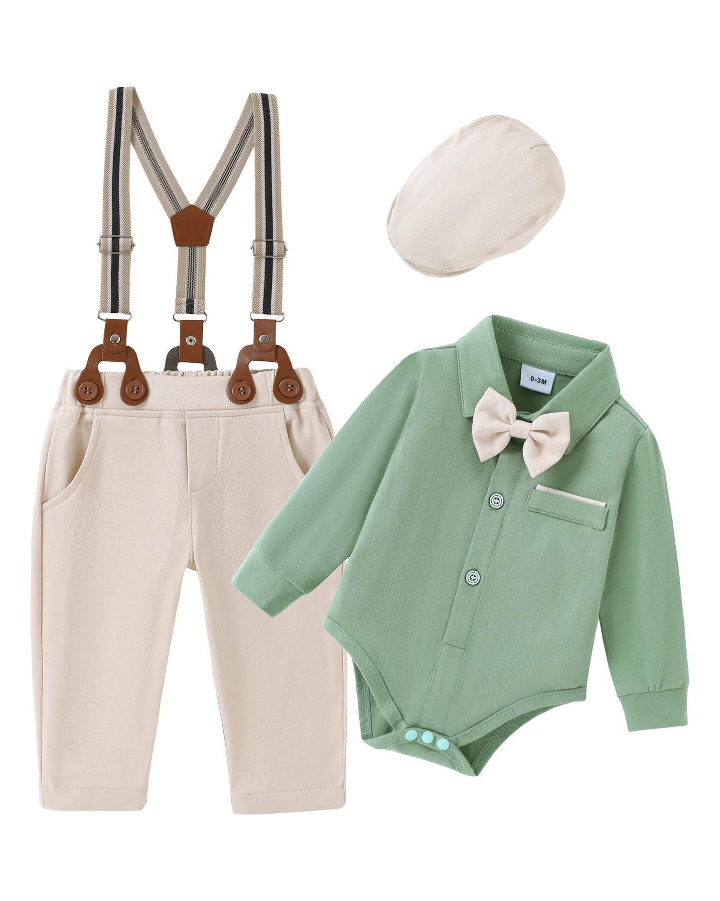 ZOEREA Baby Boy Suit 0-24M Gentleman Outfit Clothes Set Infant Long Sleeve Dress Shirt+Suspender Pants+Bowtie+Beret Hat