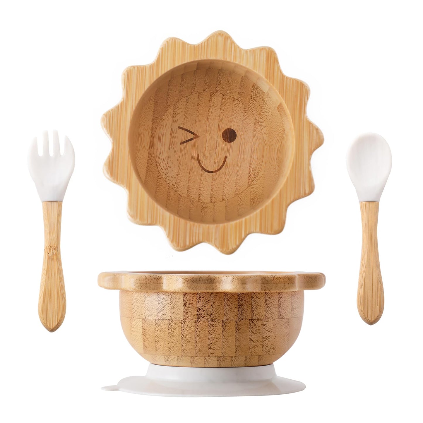 Bamboo Suction Plates Bowls Set for Baby Toddler Divided Platter Food bowl with Silicone Fork & Spoon All-Natural Baby Feeding Set for Baby-Led Weaning, Non-Slip Design
