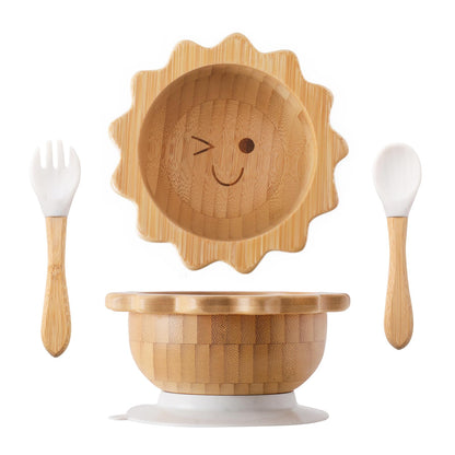 Bamboo Suction Plates Bowls Set for Baby Toddler Divided Platter Food bowl with Silicone Fork & Spoon All-Natural Baby Feeding Set for Baby-Led Weaning, Non-Slip Design