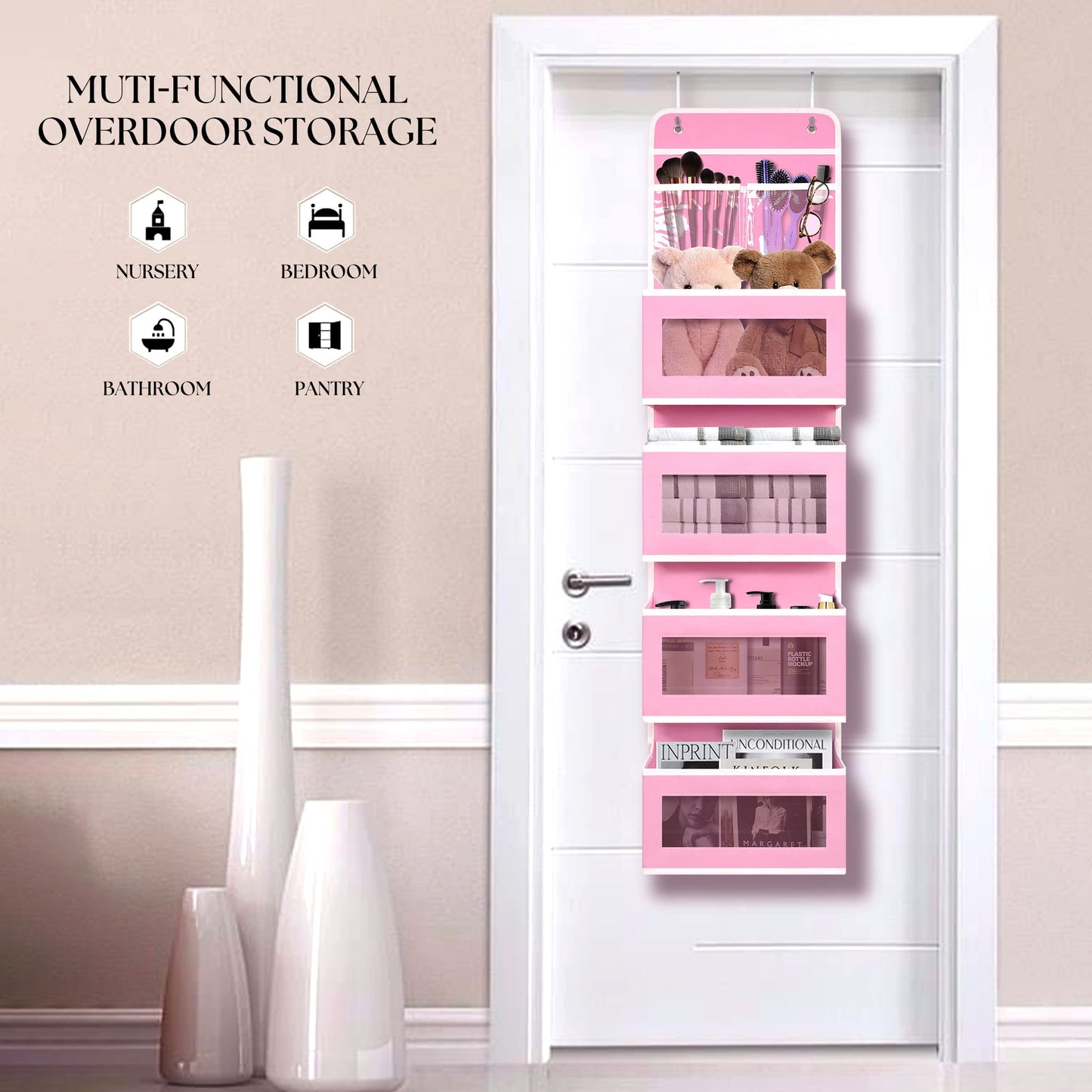 Over Door Organizer with 4 Large Capacity Pockets, Hanging Organizer Storage for Closet Bathroom Nursery Bedroom Dorm, Toys Cosmetics Sundries and Baby Essentials, Gray