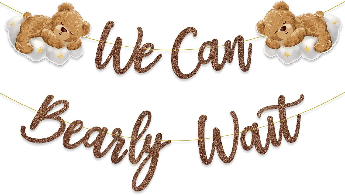 We Can Bearly Wait Baby Shower Decorations Bear Banner We Can Bearly Wait Sign Glitter Brown Cute Bear on the Cloud