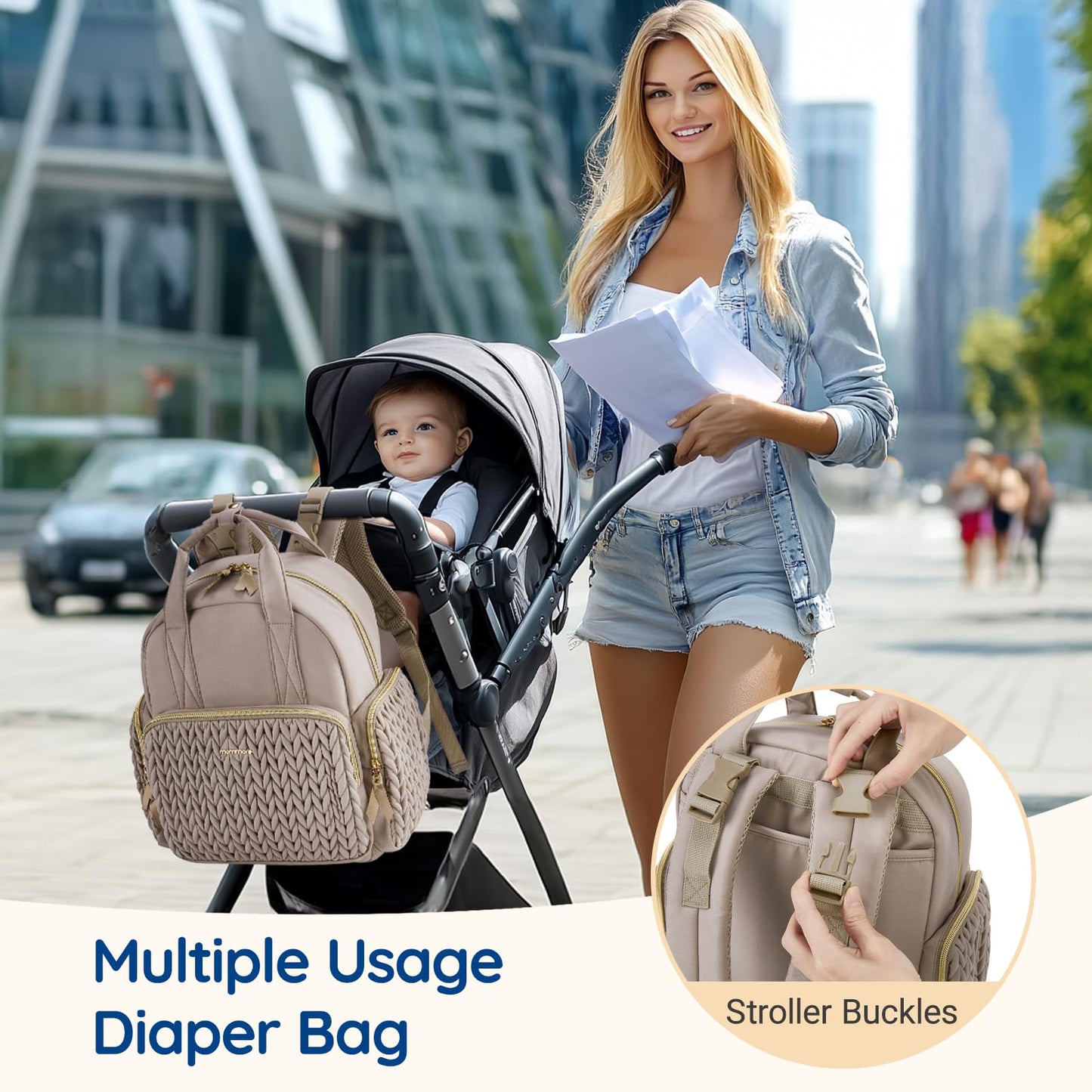 mommore Diaper Bag Small Diaper Backpack Stylish Baby Travel Backpacks with Insulated Pockets, Changing Pad, Stroller Straps