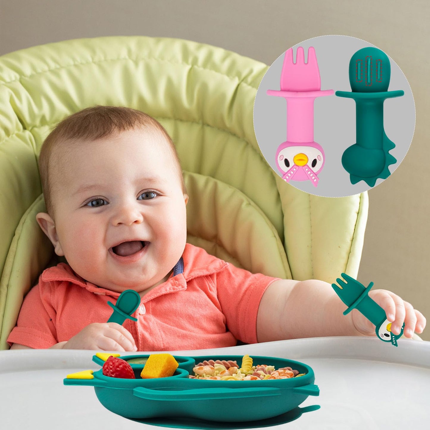 Silicone Suction Plates for Baby Toddler with Spoon Fork set Divided Dinosaurs Plates Self Feeding Training Baby Dinner Plate-Green Dinosaurs Plate Set